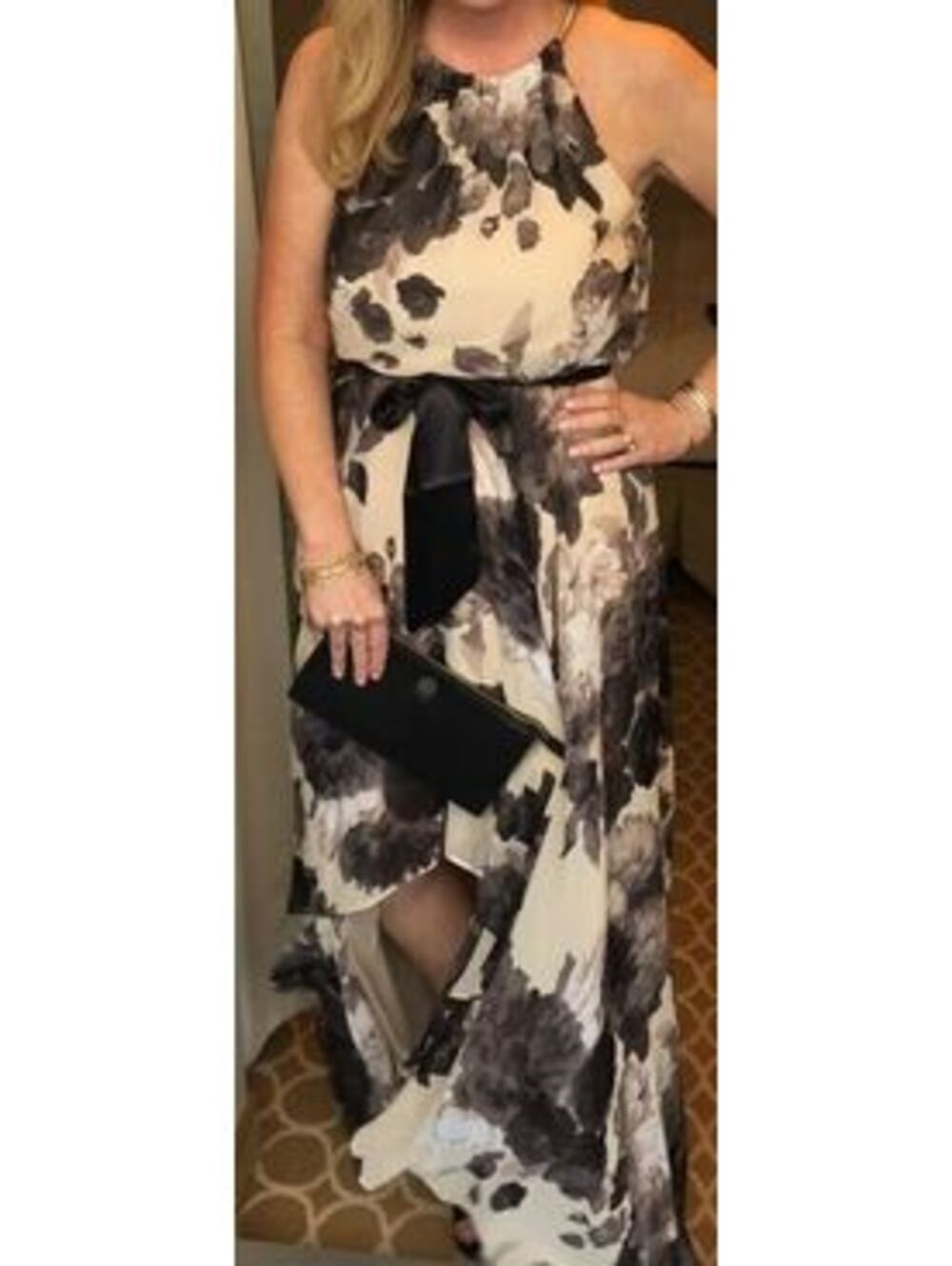 Elisa J Floral Print Maxi Dress with Black Waist Tie S6